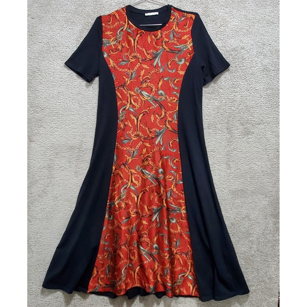 Zara A-Line Dress Women Medium Orange Black Chain Block Cotton Short Sleeve